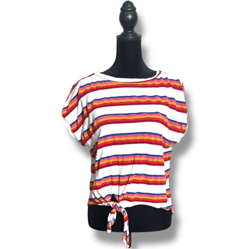 Ginger G Red/White Multicolor Dolman Sleeve Tie Front Crewneck Cropped Tee